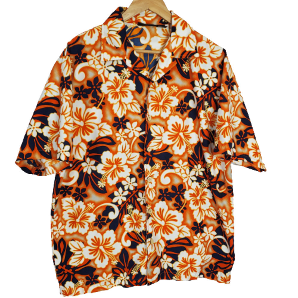 ODO Vintage 90s Orange Blue Hawaiian Tropical Button Down Bright Shirt Sz Medium